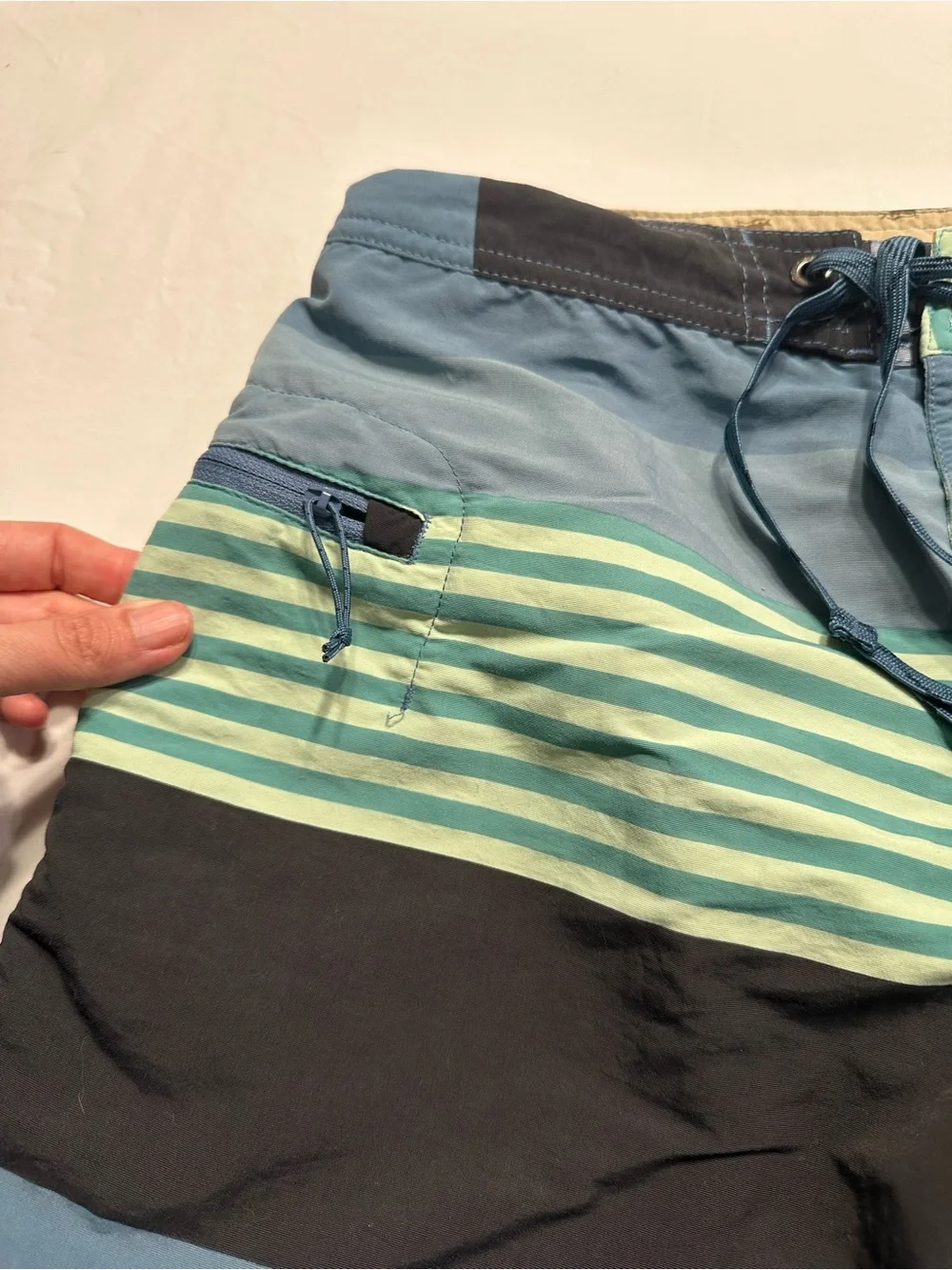 Patagonia Men’s Striped Board Shorts in Teal, Mint & Black
